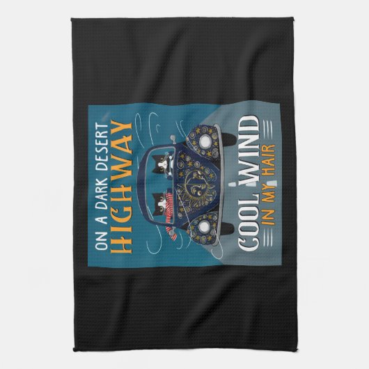 私の髪のカッコいいヒッピー猫にタキシード猫の高速道路の風 キッチンタオル (縦)