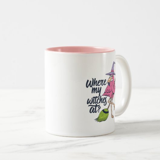 私の魔女が向かう面白いハロウィーンピンクフラミンゴ ツートーンマグカップ (正面右)