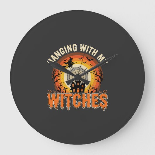私の魔女たちとハロウィンの吊るし飾り 怖い家 ラージ壁時計 (正面)