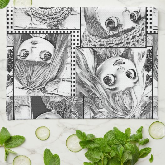 私の黒お気に入りのと白のパッチワーク人形 キッチンタオル (折り畳み)