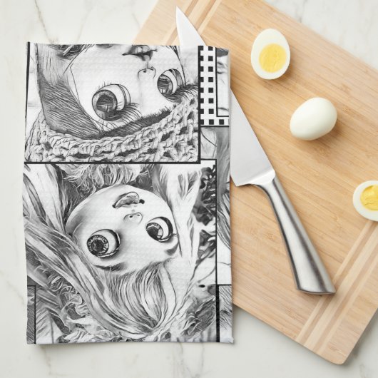 私の黒お気に入りのと白のパッチワーク人形 キッチンタオル (四つ折り)