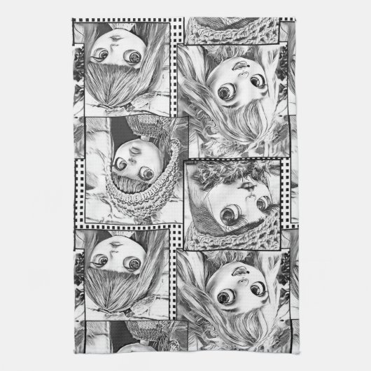 私の黒お気に入りのと白のパッチワーク人形 キッチンタオル (縦)