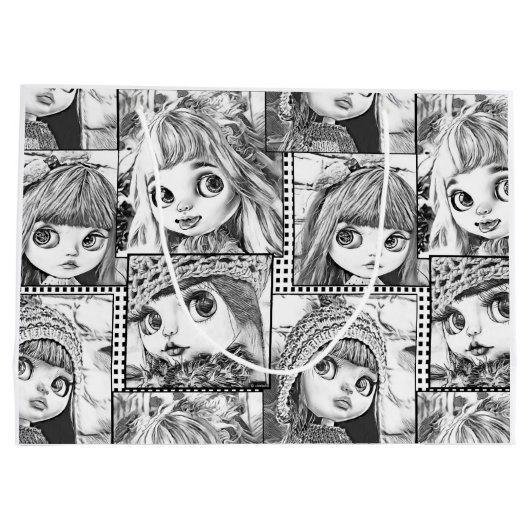 私の黒お気に入りのと白のパッチワーク人形 ラージペーパーバッグ (裏面)