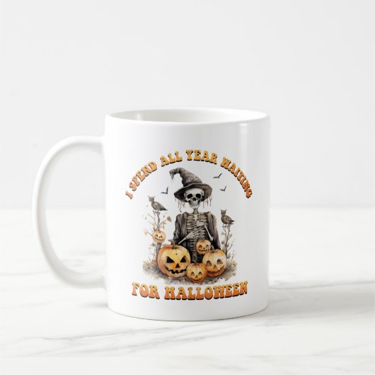 私の1年はハロウィンを待つことだらけ ハロウィン面白い骸骨 コーヒーマグカップ (左)