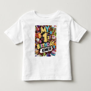 私の1歳の誕生日クッキーケーキと風船 トドラーTシャツ