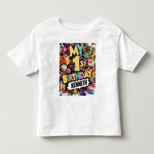 私の1歳の誕生日クッキーケーキと風船 トドラーTシャツ (正面)