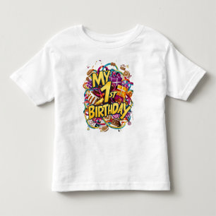 私の1歳の誕生日クッキーケーキと風船 トドラーTシャツ