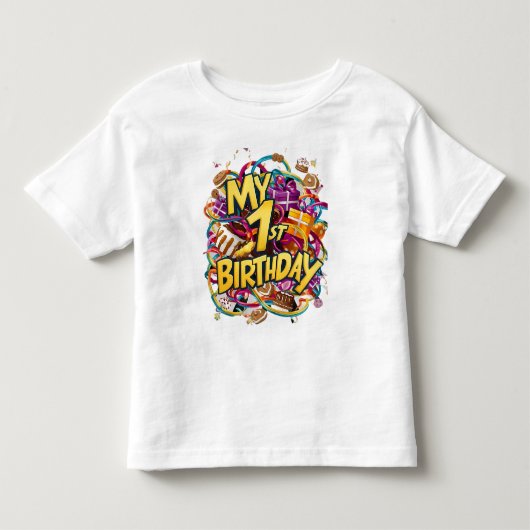 私の1歳の誕生日クッキーケーキと風船 トドラーTシャツ (正面)