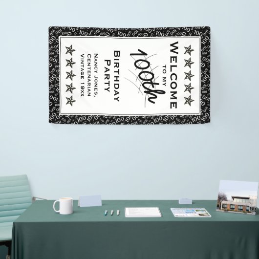 私の100th誕生日パーティーへようこそ – 白黒 横断幕 (トレードショー)