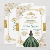 私の15歳の誕生日 エメラルドグリーンとホワイトの花の飾り 招待状 (正面/裏面)