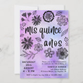 私の15歳の誕生日 モダン パープル フラワー キンセアニエラ 招待状 (正面)
