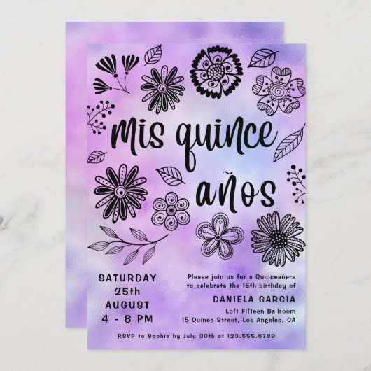 私の15歳の誕生日 モダン パープル フラワー キンセアニエラ 招待状 (正面/裏面)