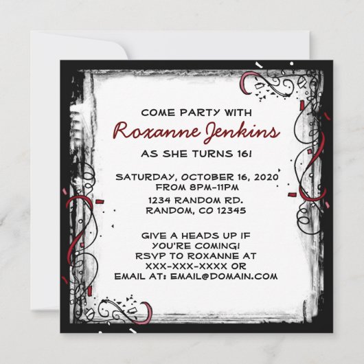 私の16歳の誕生日パーティーのグランジ招待状 招待状 (裏面)