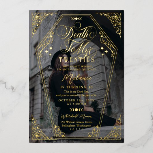 私の20代ゴシックの棺の誕生日パーティーへの死 箔招待状 (正面)