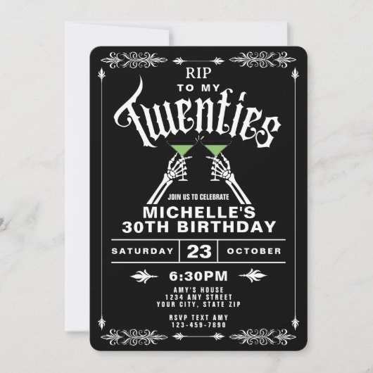 私の20代30歳の誕生日に白黒RIP 招待状 (正面)
