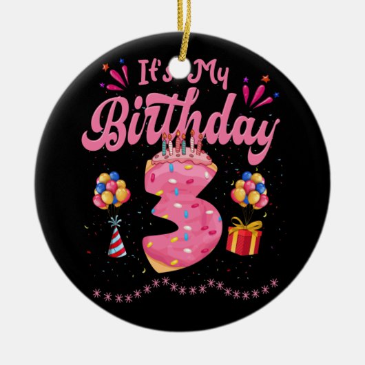 私の3歳の誕生日ドーナツおめでとう3歳 セラミックオーナメント (正面)
