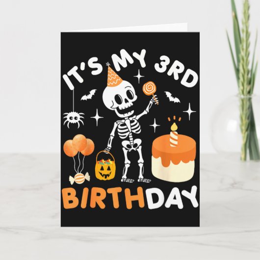 私の3歳の誕生日 - かわいいハロウィンのスケルトン 3歳の誕生日 カード (正面)