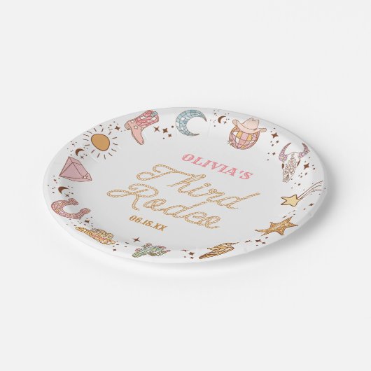 私の3番目のロデオディスコ女性のカーボーイ3番目の誕生日パーティー ペーパープレート (アングル)