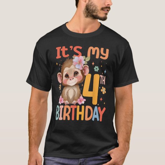 私の4歳の誕生日ガールベビーモンキーフラワー4年 Tシャツ (正面)