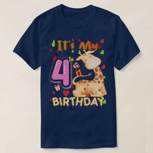 私の4歳の誕生日キリン4歳ガールズキッズ Tシャツ (デザイン正面)