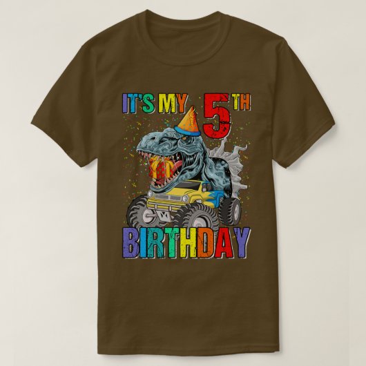 私の5誕生日のモンスタートラック恐竜の少年A Tシャツ (デザイン正面)