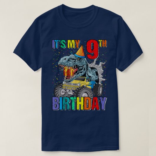 私の9誕生日のモンスタートラック恐竜の男の子A Tシャツ (デザイン正面)
