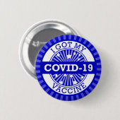 私のCovid 19得ワクチンスターバーストブルー 缶バッジ (正面&裏面)