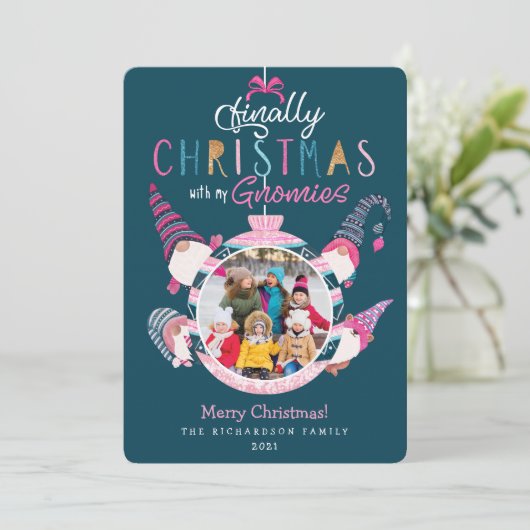 私のGnomiesのおもしろい家族の写真で最後のクリスマス シーズンカード (スタンド正面)
