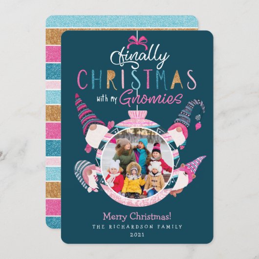 私のGnomiesのおもしろい家族の写真で最後のクリスマス シーズンカード (正面/裏面)