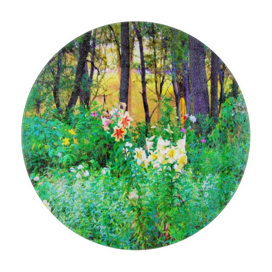 私のRubio Gardenでツリーリリーと明るい日の出 カッティングボード (正面)