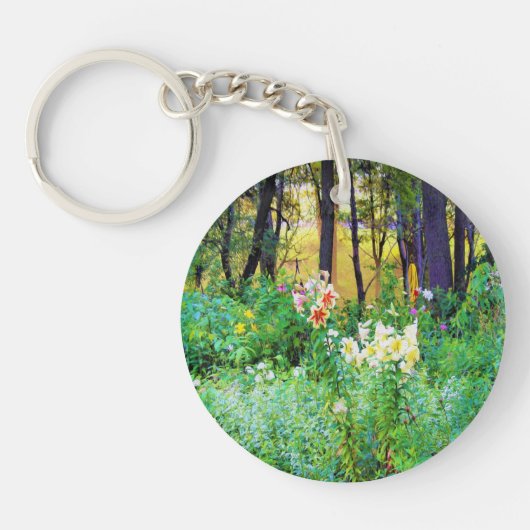 私のRubio Gardenでツリーリリーと明るい日の出 キーホルダー (正面)