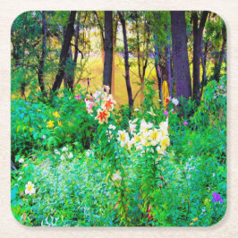 私のRubio Gardenでツリーリリーと明るい日の出 スクエアペーパーコースター