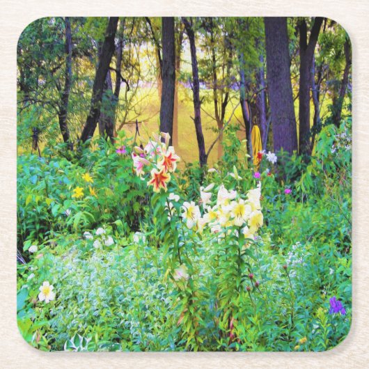 私のRubio Gardenでツリーリリーと明るい日の出 スクエアペーパーコースター (正面)