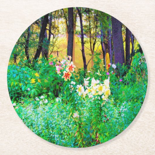 私のRubio Gardenでツリーリリーと明るい日の出 ラウンドペーパーコースター (正面)