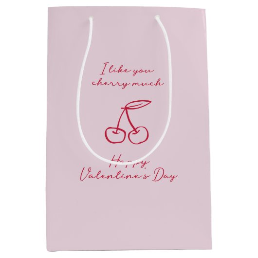 私はあなたが好きさくらんぼ多くのバレンタインデイピンク ミディアムペーパーバッグ (正面)