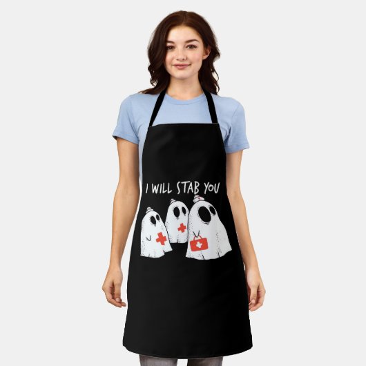 私はあなたを刺す幽霊ナースおもしろいRNハロウィンゴ エプロン (着用した状態)