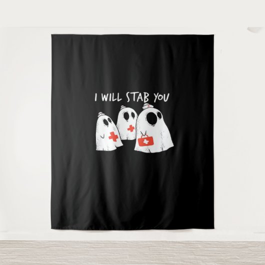 私はあなたを刺す幽霊ナースおもしろいRNハロウィンゴ タペストリー (正面)