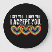 私はあなたを受け入れるレインボーLGBTQ ラージ壁時計 (正面)