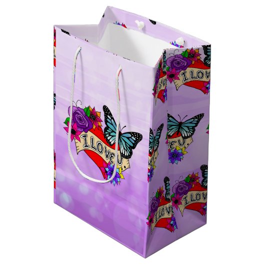 私はあなたを愛している |ハート、バラ、蝶 ミディアムペーパーバッグ (正面アングル)