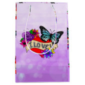 私はあなたを愛している |ハート、バラ、蝶 ミディアムペーパーバッグ (正面)
