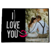 私はあなたを愛するタイポグラフィリップピンクバレンタインの写真 ラージペーパーバッグ (正面)