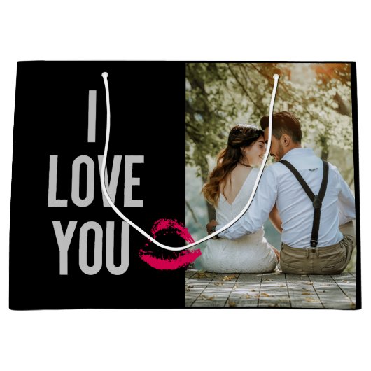 私はあなたを愛するタイポグラフィリップピンクバレンタインの写真 ラージペーパーバッグ (正面)