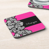 私はあなたを愛するピンクの白黒ゼブラハートパターン コースター (左側)