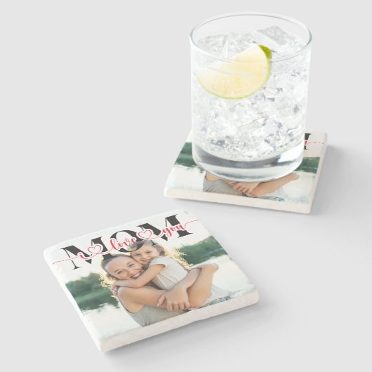 私はあなたを愛するママ赤いハートタイポグラフィ写真 ストーンコースター (横)