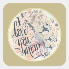私はあなたを愛するママ金ゴールド水色任意の名前を追加 スクエアシール