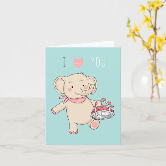 私はあなたを愛する可愛い漫画の象のハートカード カード (黄色い花)