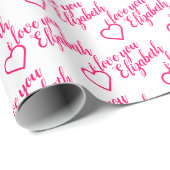 私はあなたを愛する名前ピンクのハートパターンタイポグラフィ ラッピングペーパー (ロールコーナー)