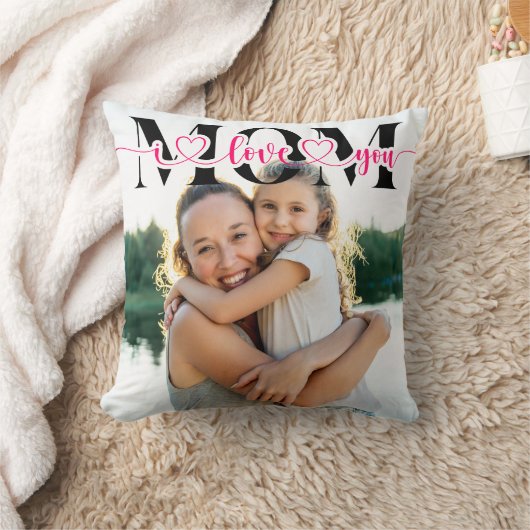 私はあなたを愛する母ピンクのハートタイポグラフィ写真 クッション (ブランケット)