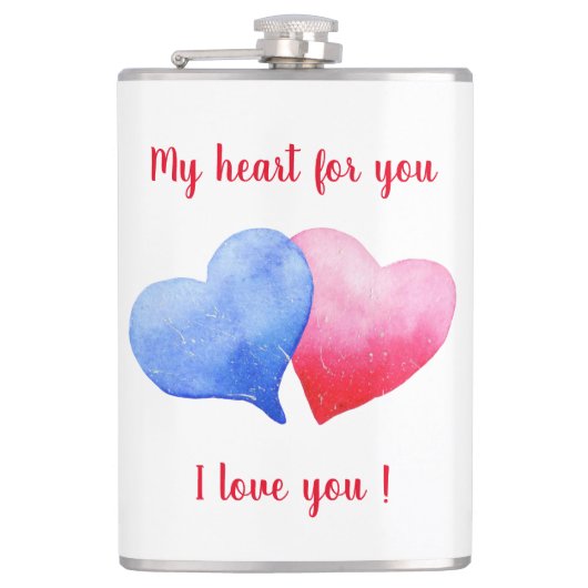 私はあなたを愛する水色の赤と青のハート フラスク (正面)