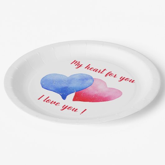 私はあなたを愛する水色の赤と青のハート ペーパープレート (アングル)